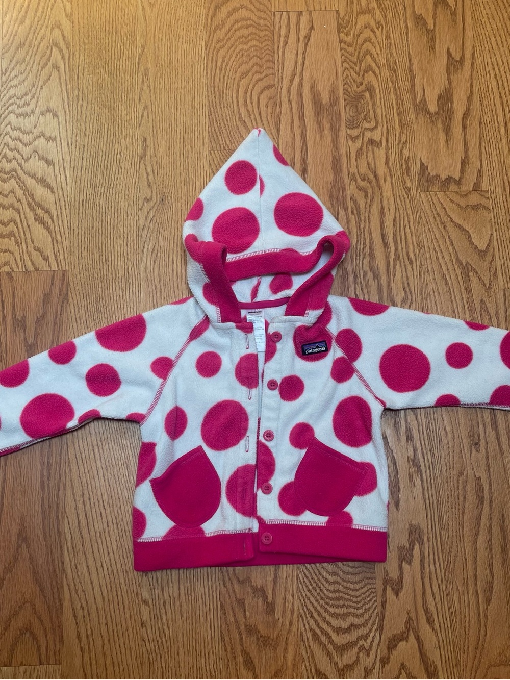 Patagonia Kids White Hoodie with Bright Pink Polka Dots